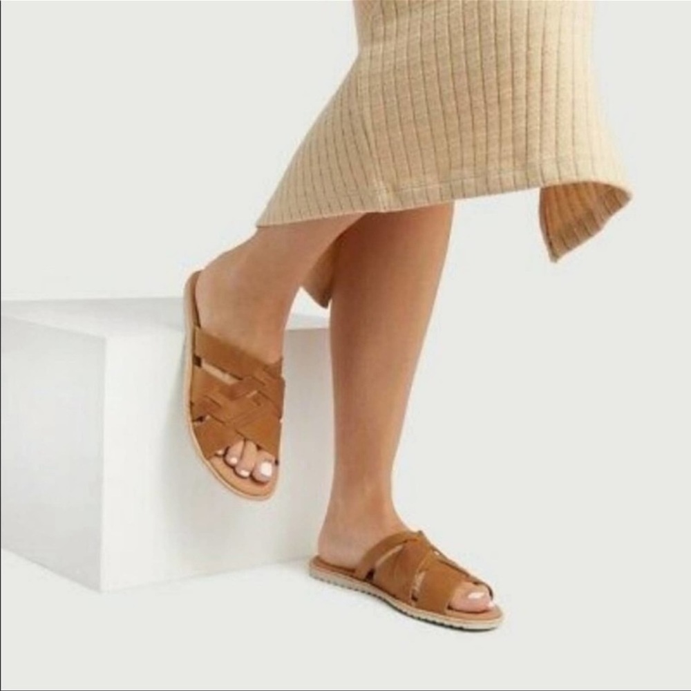 Sorel ELLA Slides Flat Sandals Strappy Tan Leather